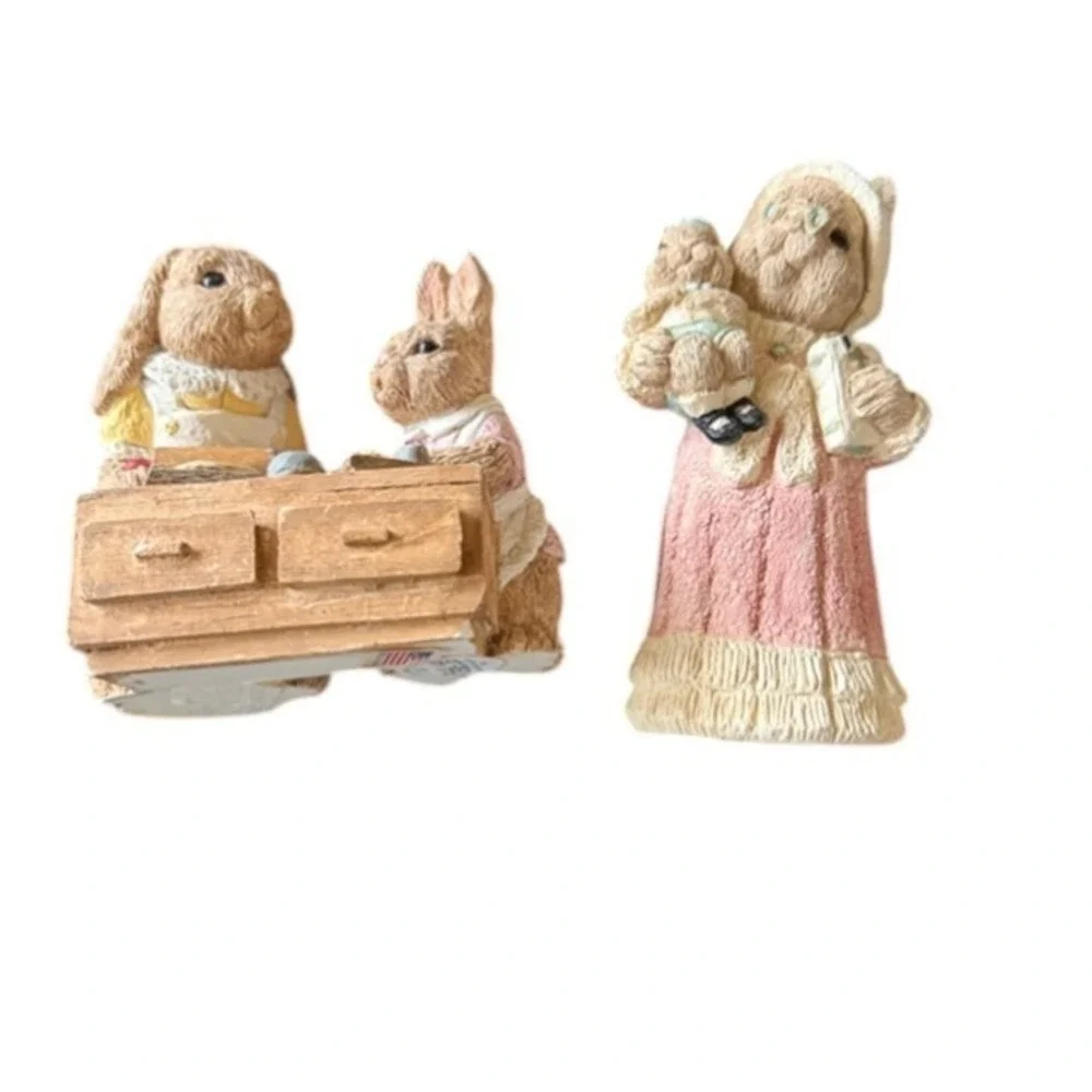 2 Vintage Easter Bunny Family Figurines Set Grandma Cookies United Design USA